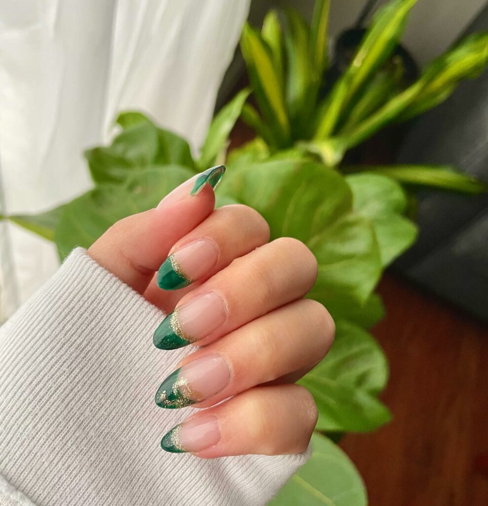 Green and Gold French Tips green nails
