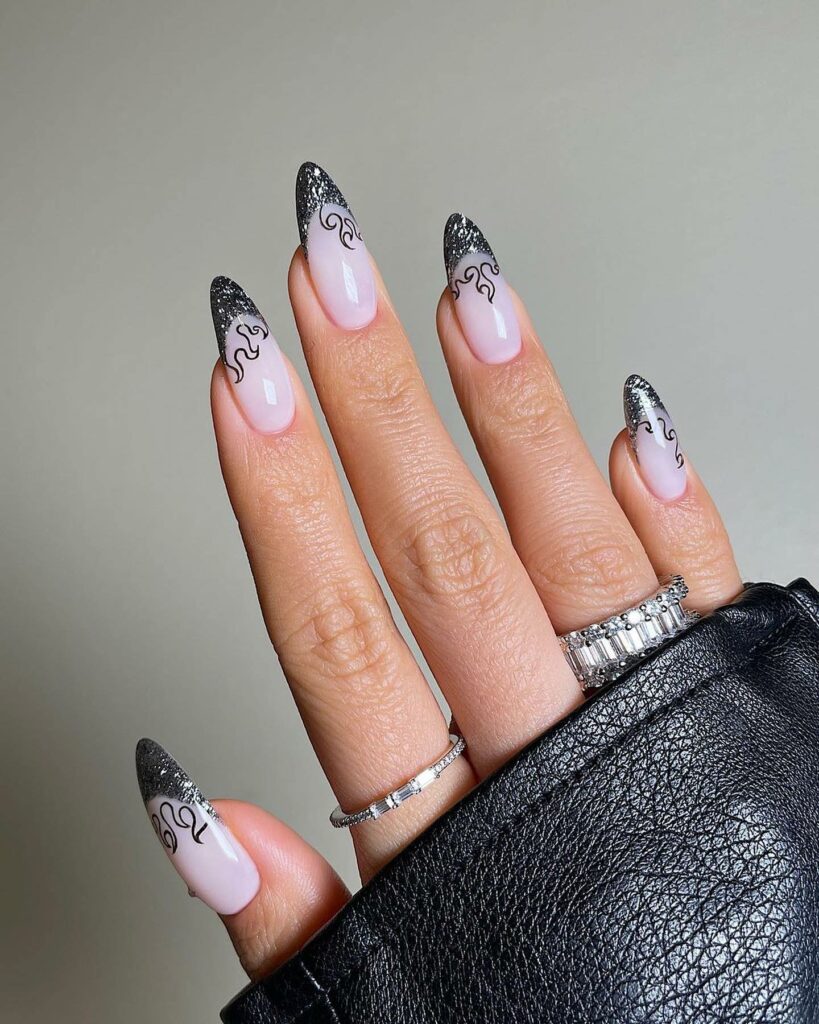 Glittery French Black & White Nails