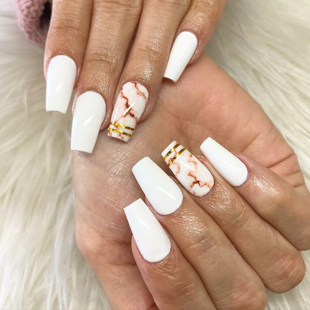 Marble White Nails with Swirling Elegance