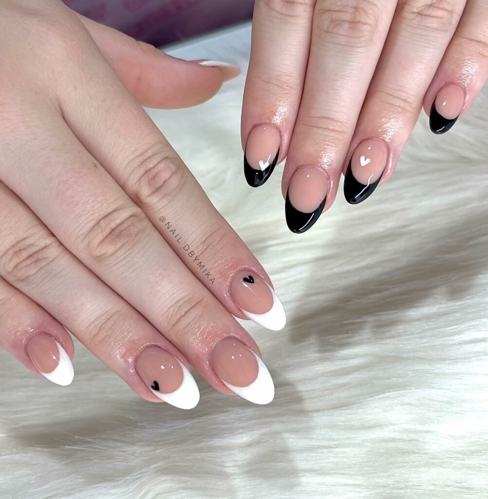 Short Black & White Nails with Heart Details