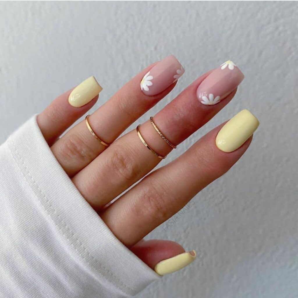 Pastel Yellow Nails with Florals