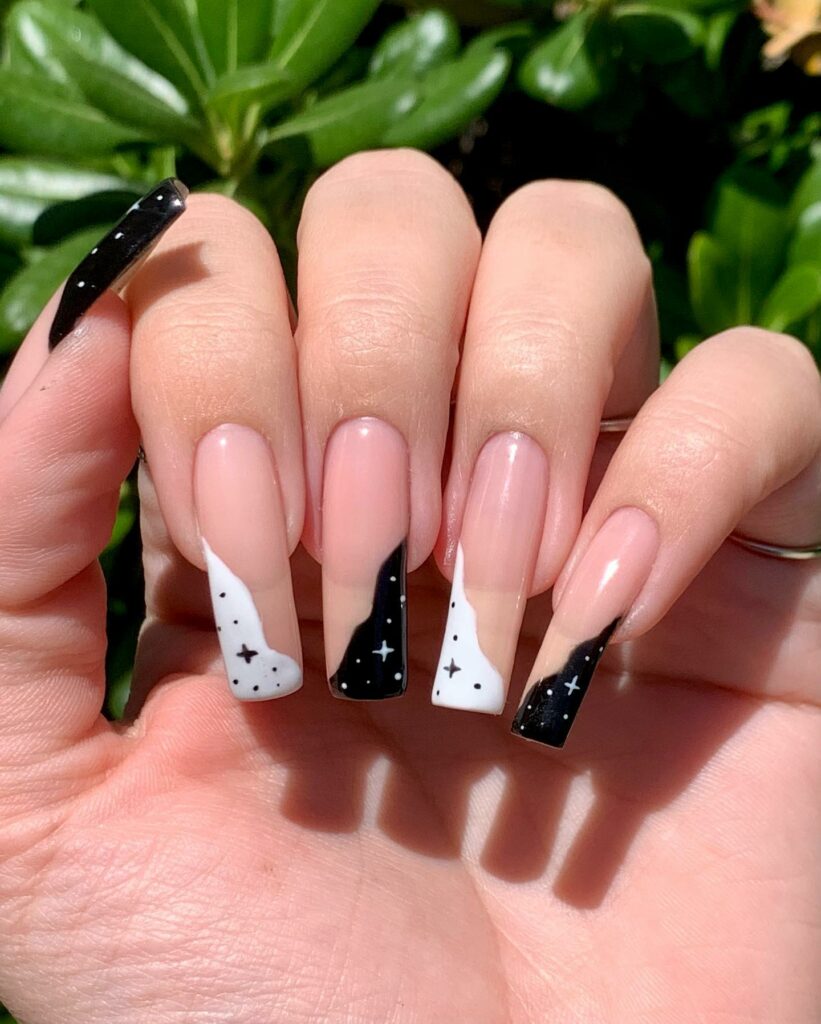 Long Square Black and White Nails