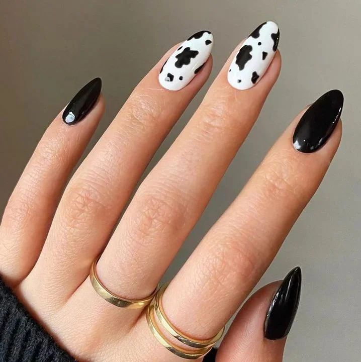 Cow Print Black and White Nails