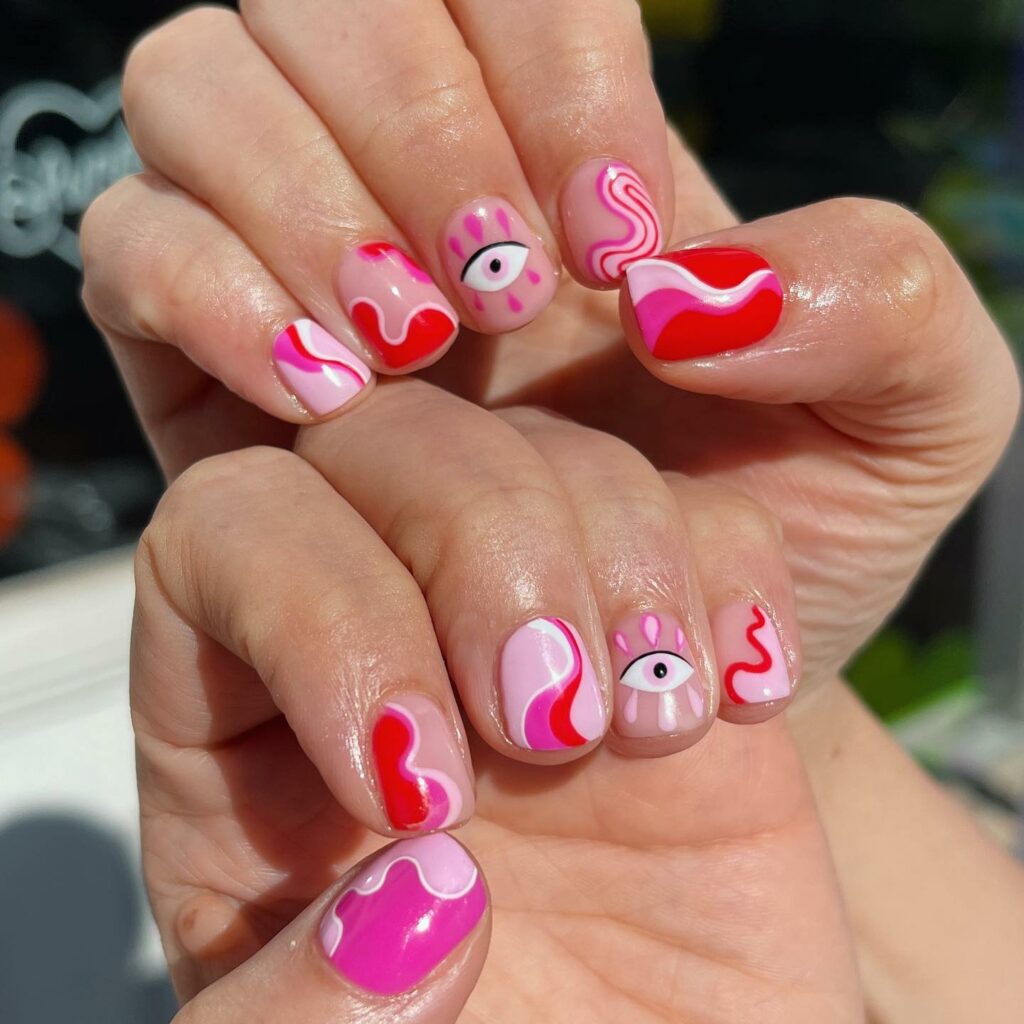 Abstract Red and Pink Nails