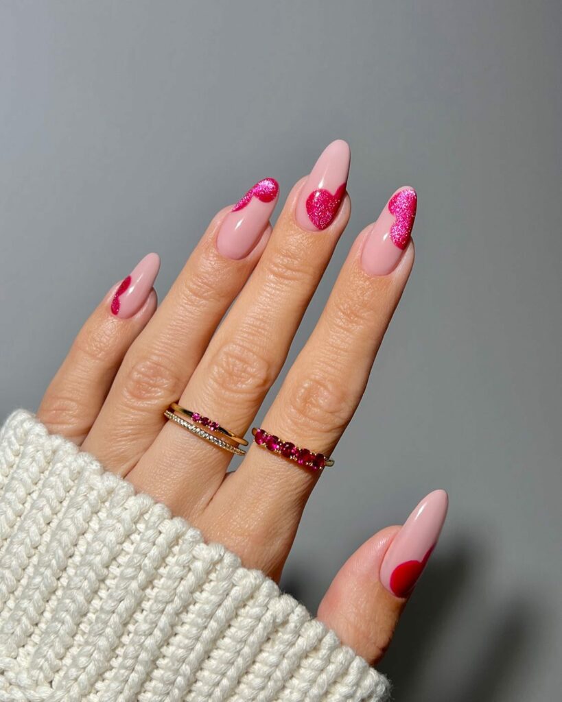 Glitter Heart Red and Pink Nails