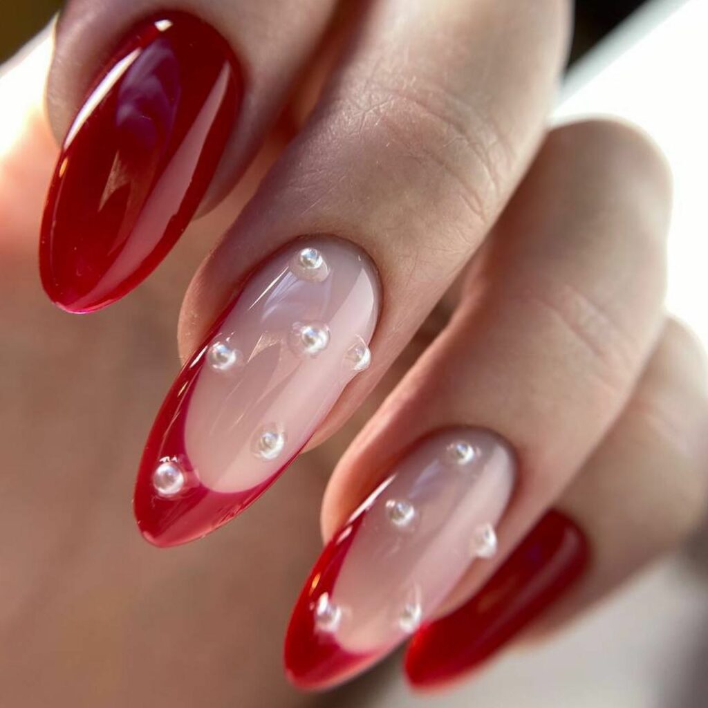 Red And Pink Nails Adorned with Pearls