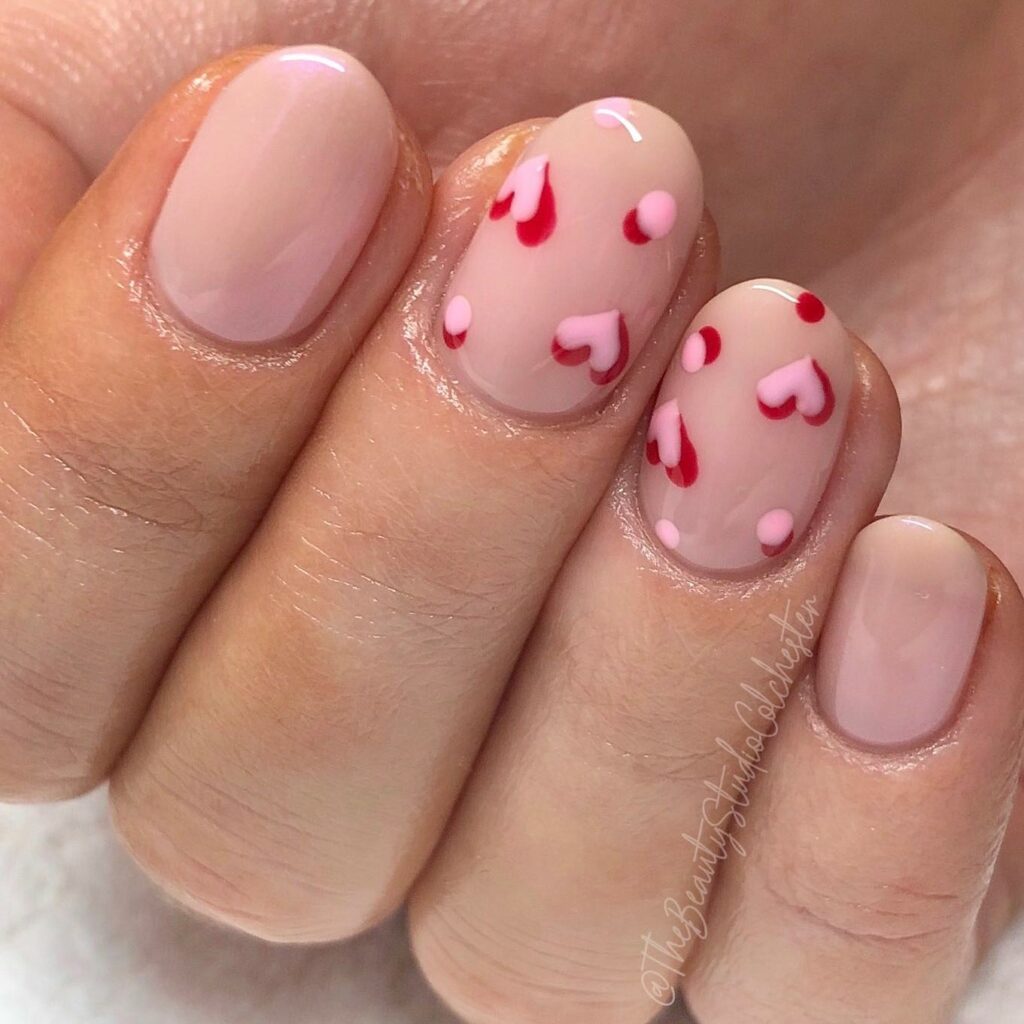 Short Pink and Red Heart Nails