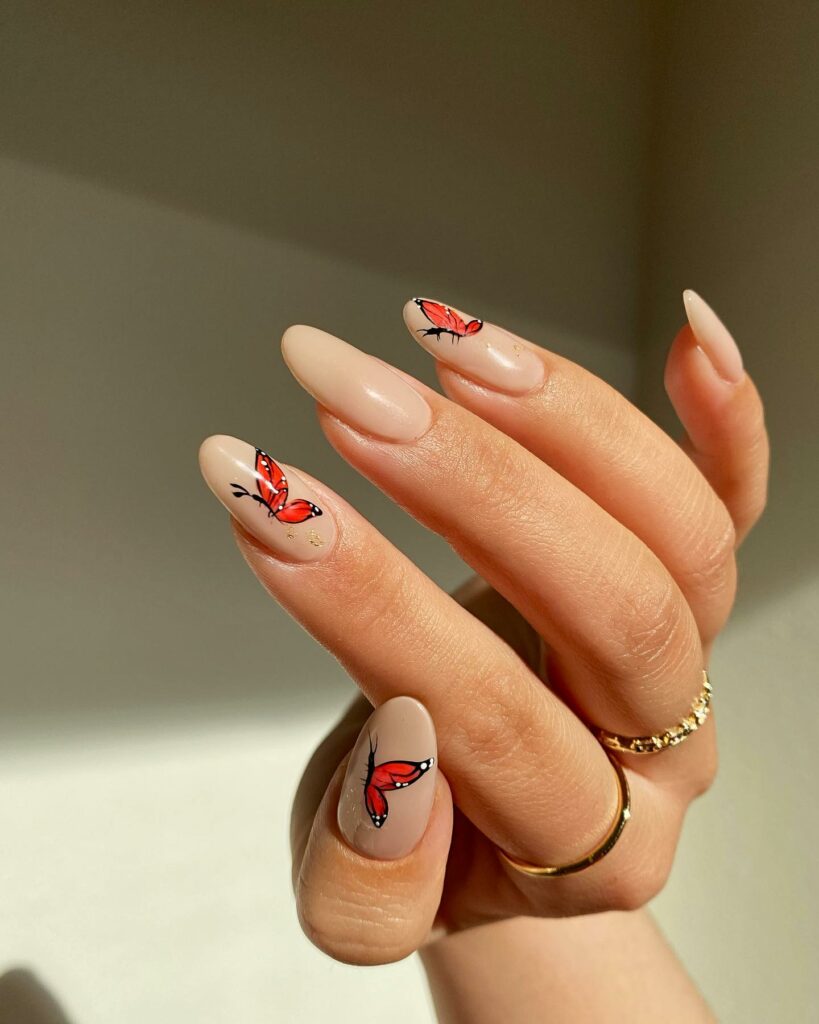 Red Butterfly Nude Nails