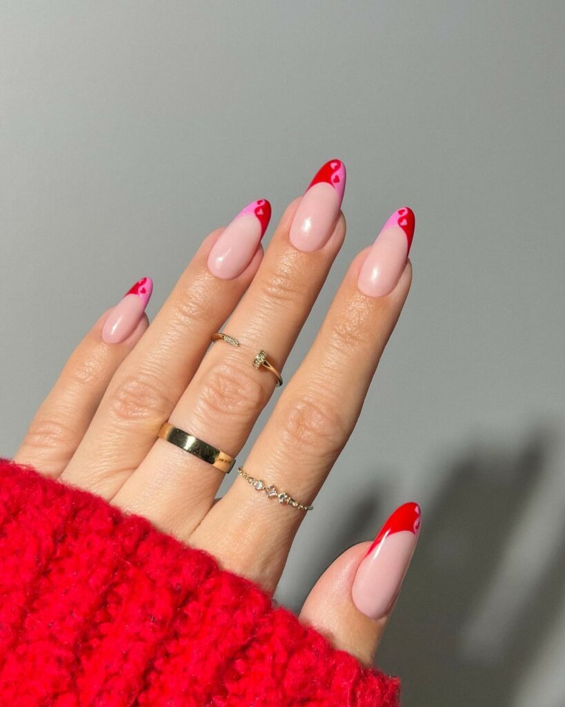 French Yin Yang Red and Pink Nails 