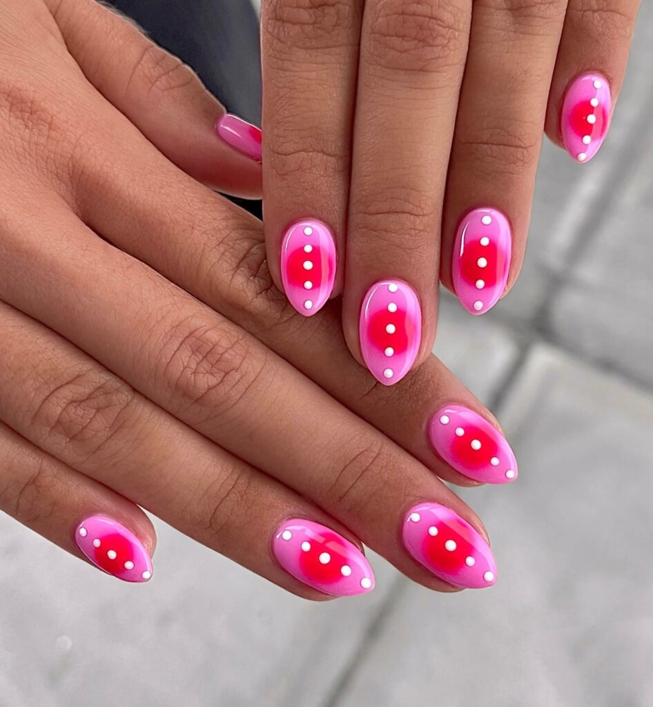 Red and Pink Nails with Polka Dot Charm