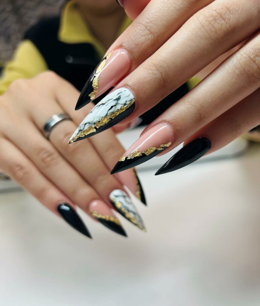 Marble Black and White Nails with Gold Foil