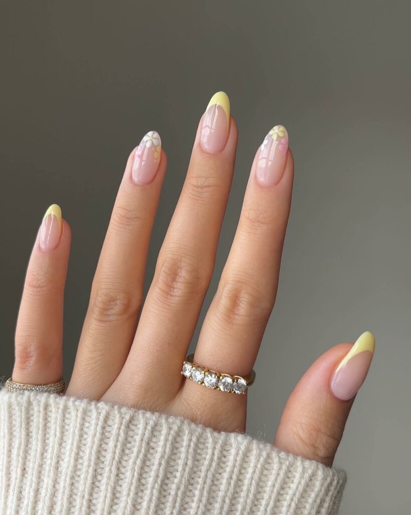 Yellow Nails with Floral Accents