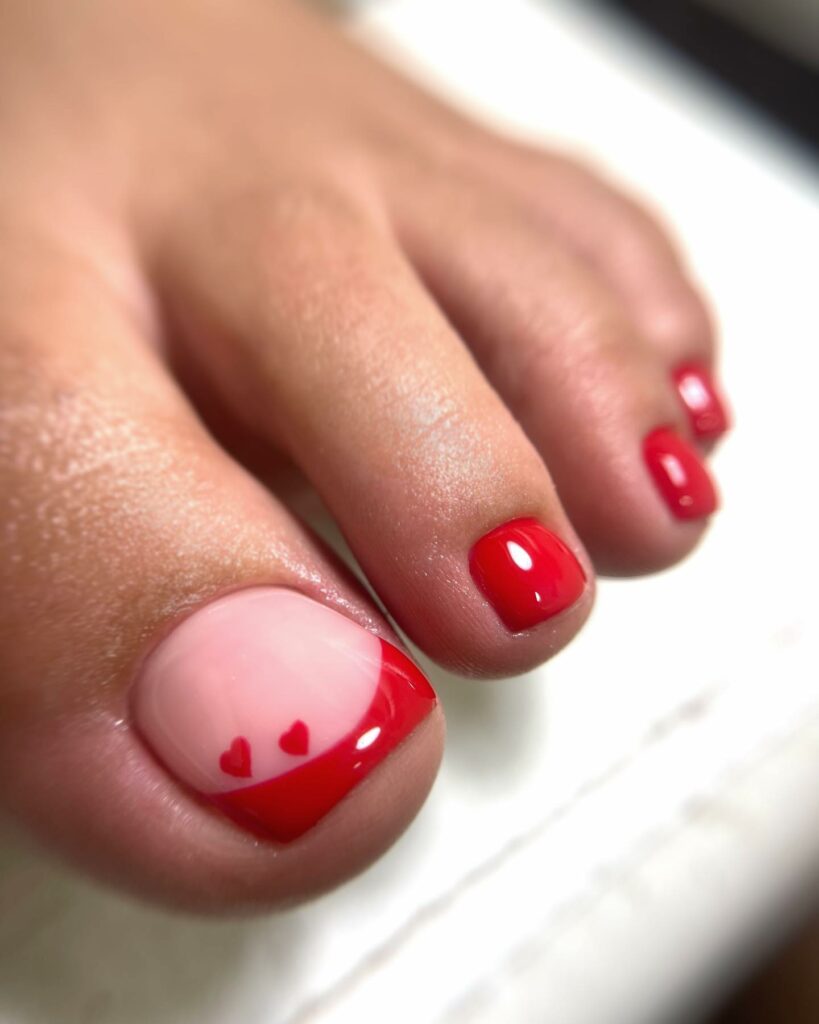 Red Toe Nails with Heart Accents
