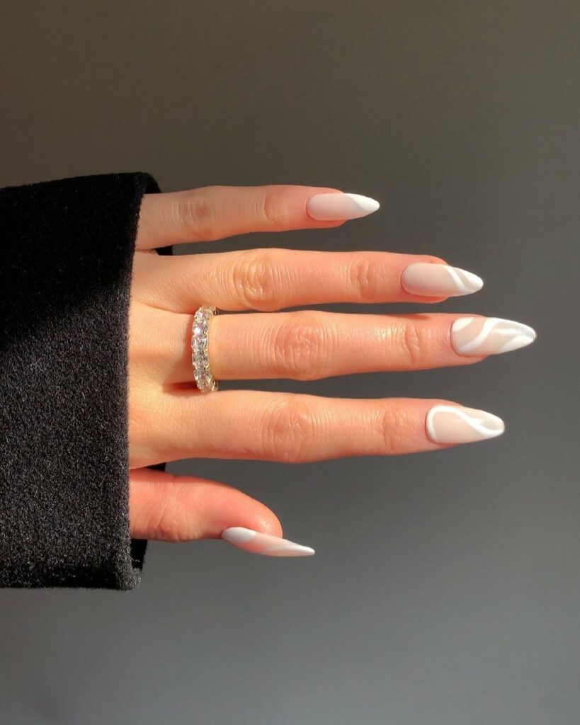 White Swirl Almond Nails