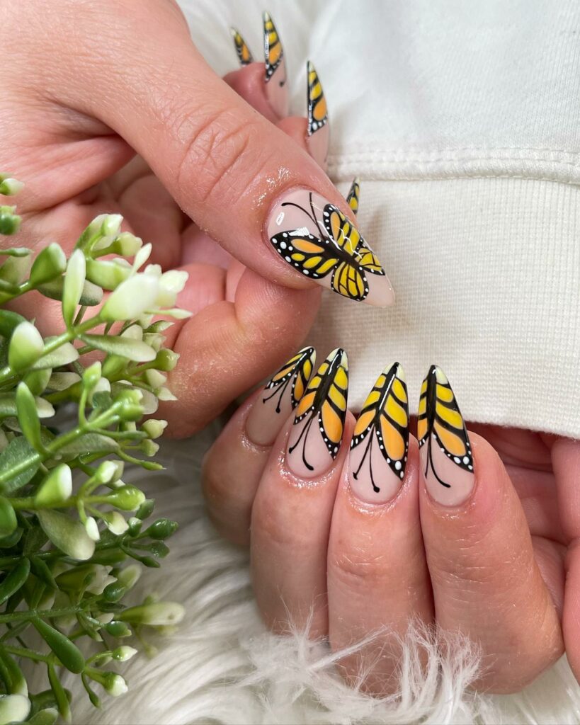 Yellow Butterfly on Stiletto Nails