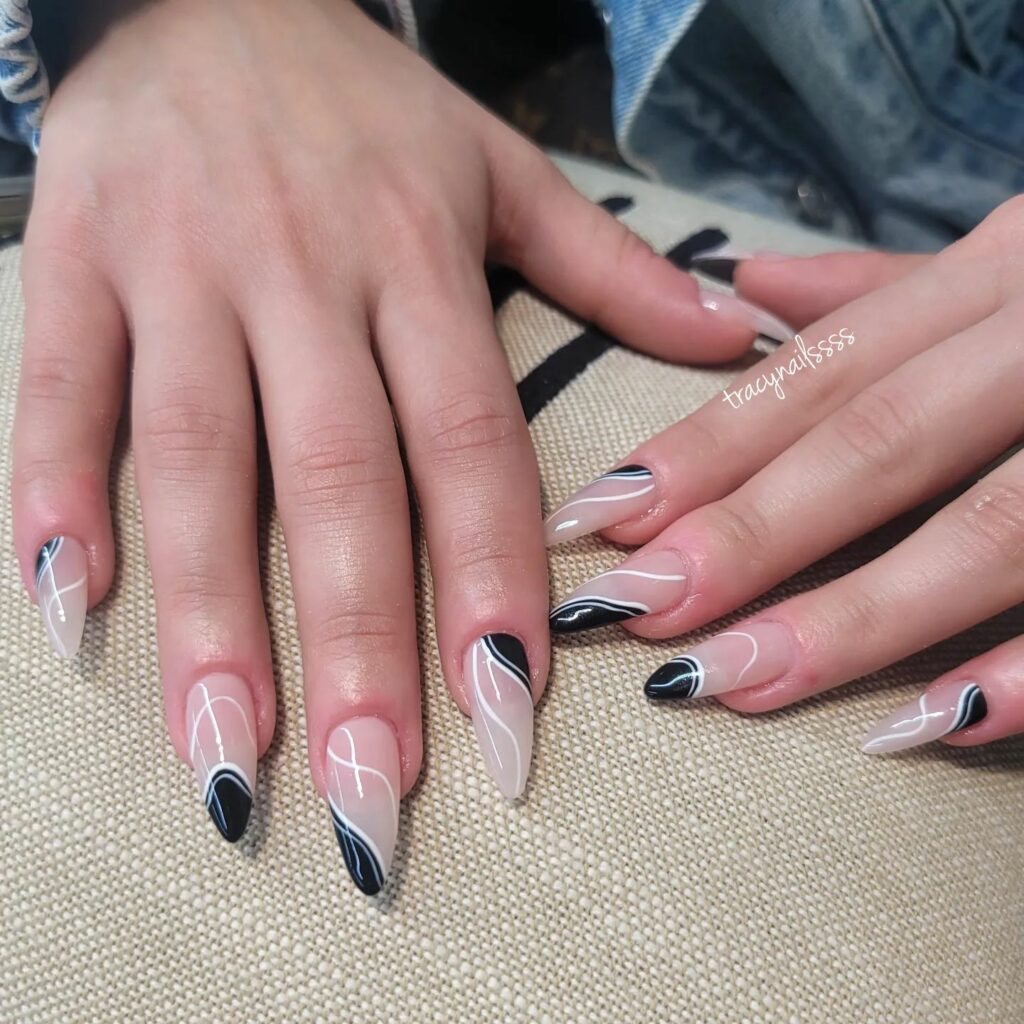 Abstract Black & White Art on Almond-Shaped Nails