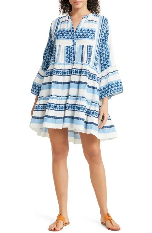 Geometric Print Tiered Cotton Cover-Up Dress