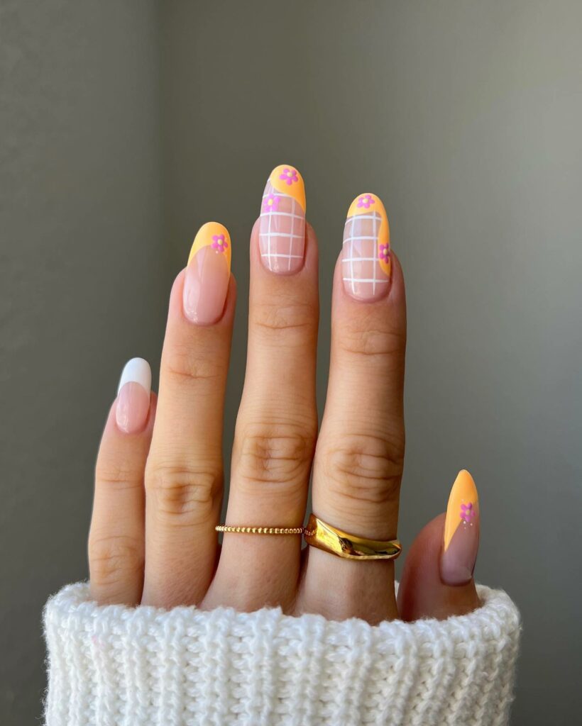 French Yellow Nails Adorned with Floral