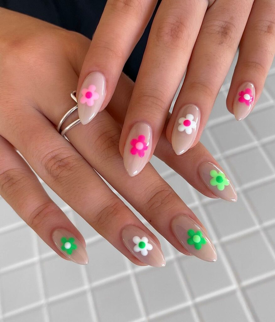 Pink and Green Flower Nails