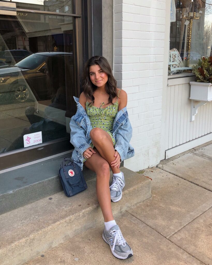 Skater Dress + Sneakers + Jean Jacket