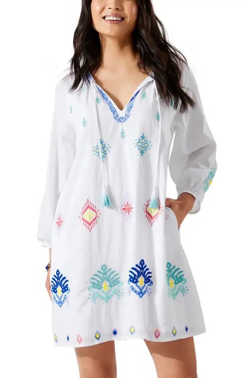 TOMMY BAHAMA Embroidered Long Sleeve Cotton Cover-Up Dress