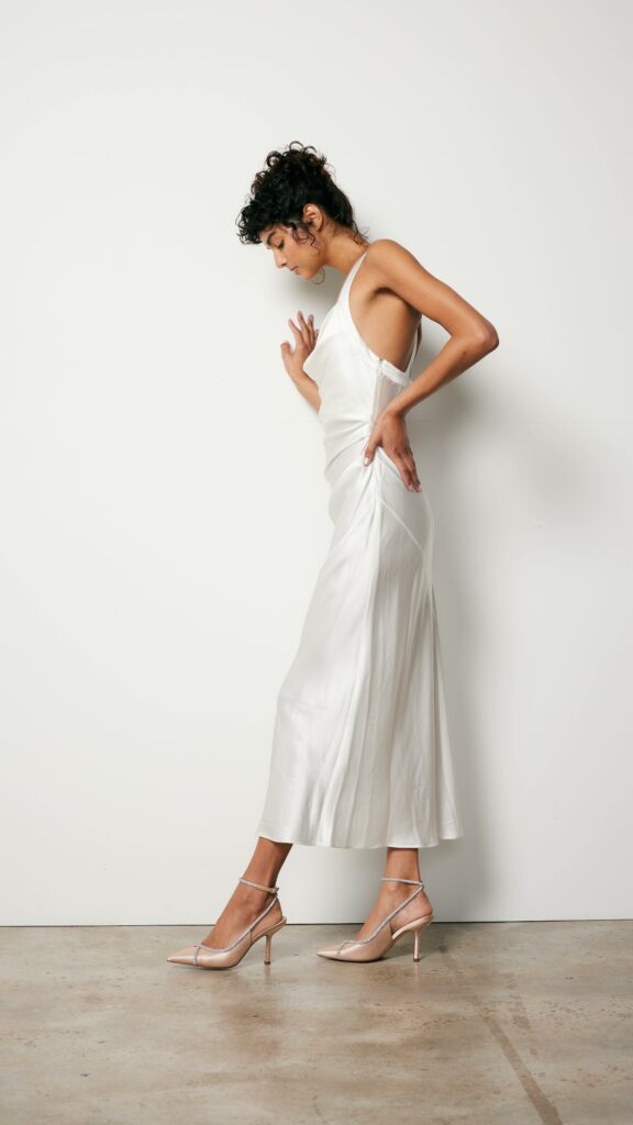 White Satin Midi Dress & Ankle Wrap Heels