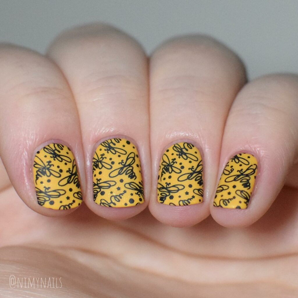 Yellow Nails with Abstract Bee Illustrations