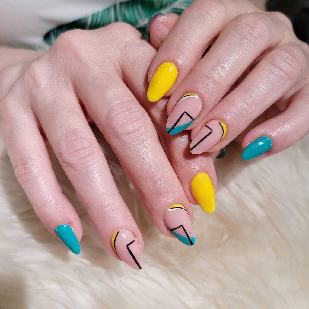 Geometric Blue and Yellow Nails