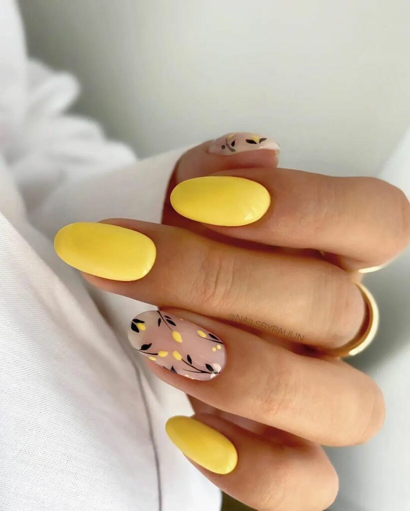 Almond Yellow Nails with Blossoming Accents