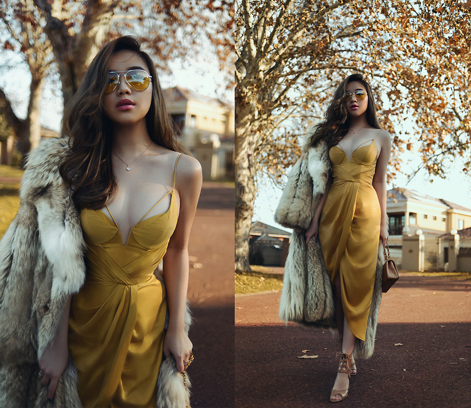 gold dress with bag