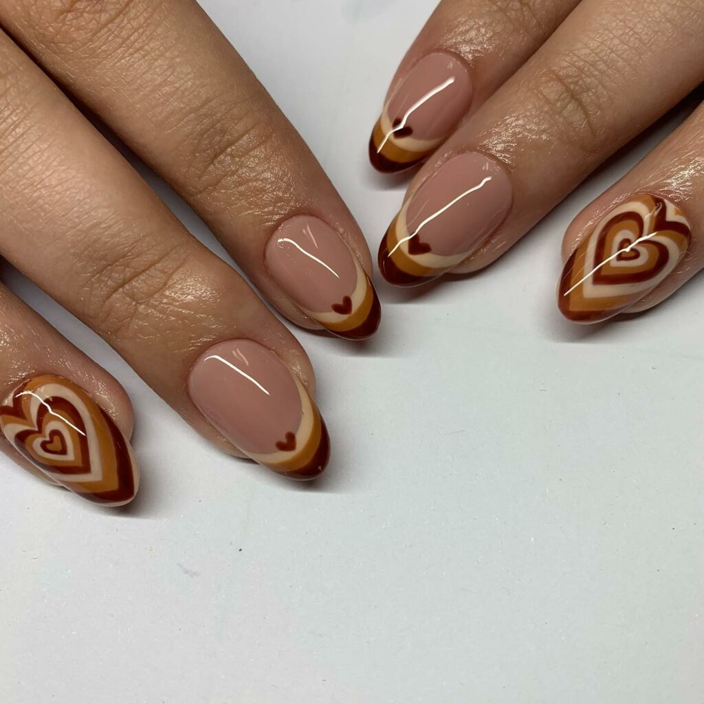 Almond Hearts on Brown Nails