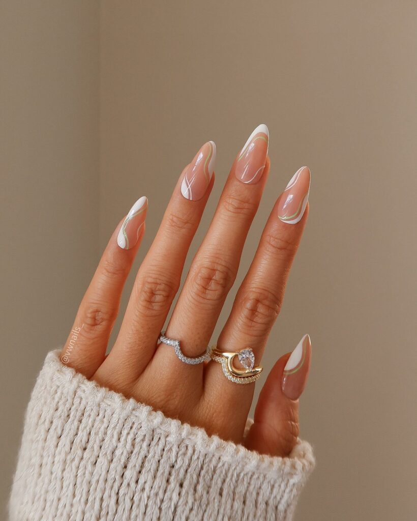 Almond Shaped Nails w Pink & White Waves