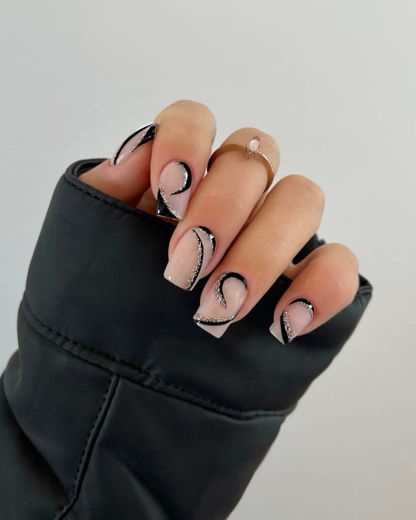 Black Nails With Swirl Design
