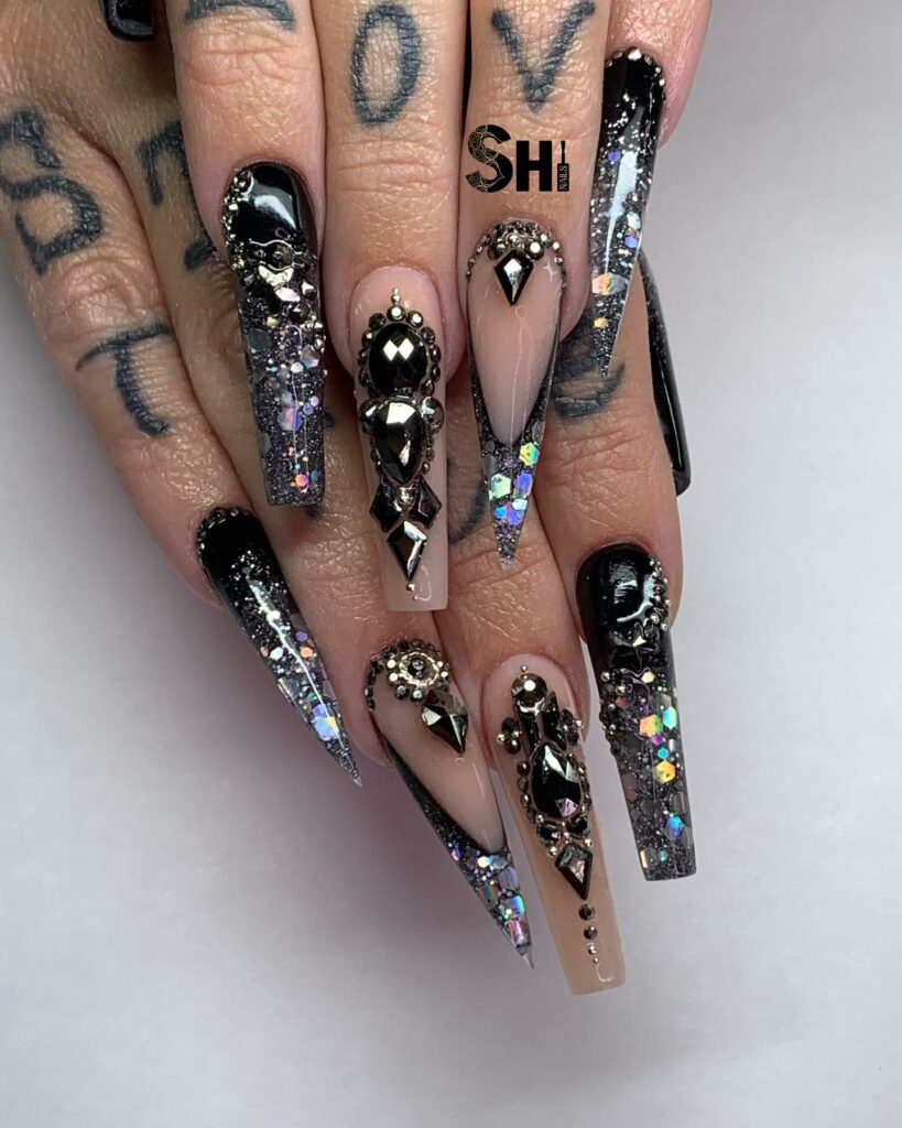 Black & Nude Marble Coffin Nails