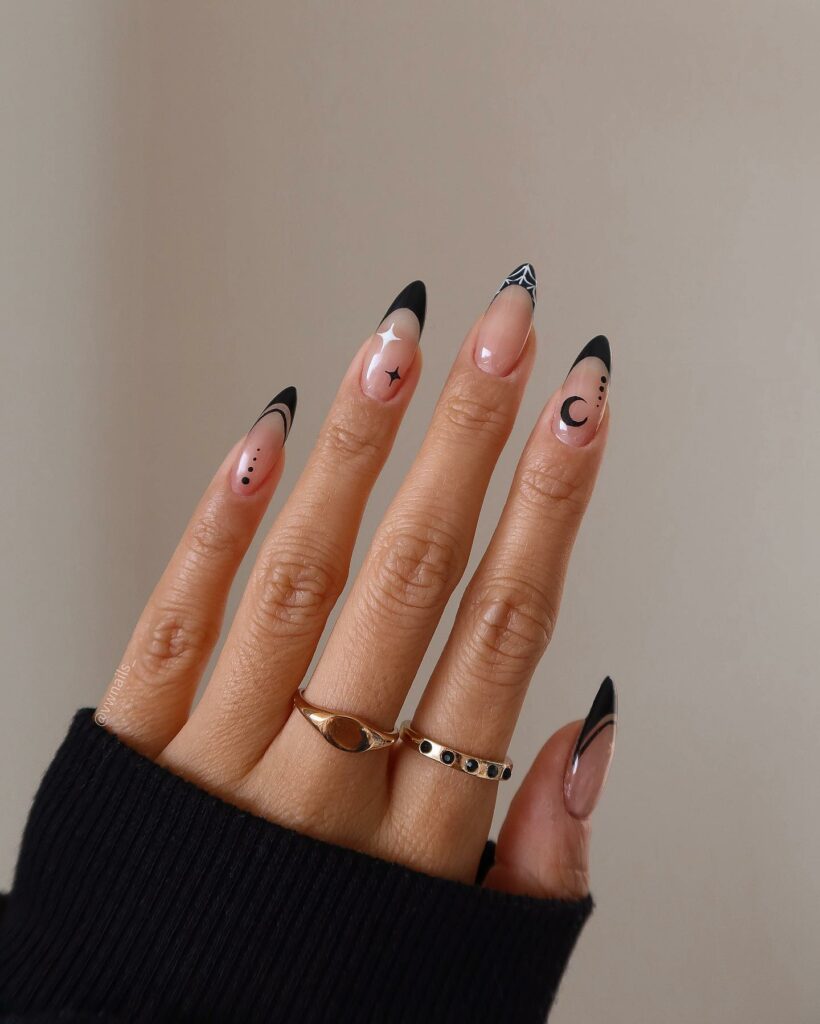 Black and White Nails with Star and Web Imagery