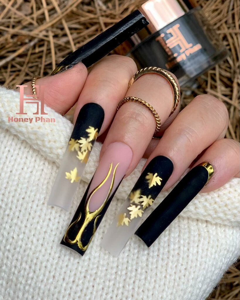 Black Acrylic Nails with Gold Accents