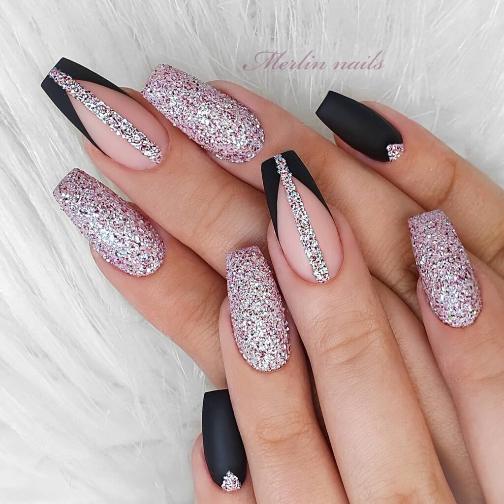 Black and Pink Glitter Acrylic Nails