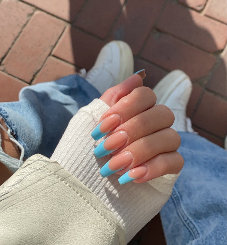 Nude French with a Blue Twist Frozen Nails