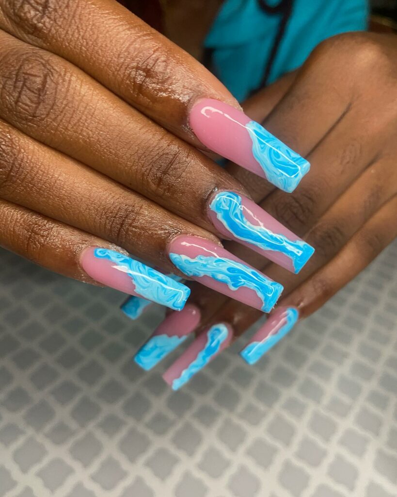 Blue and Pink marble nails
