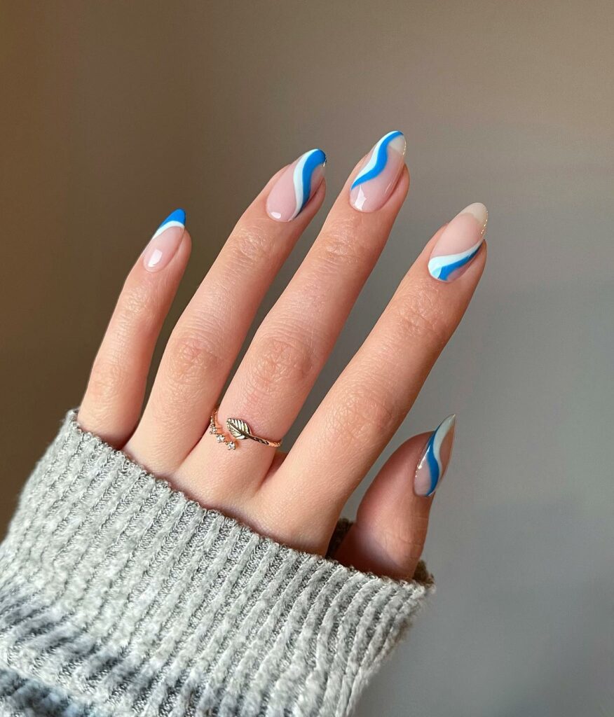 Blue and White Swirl Nails