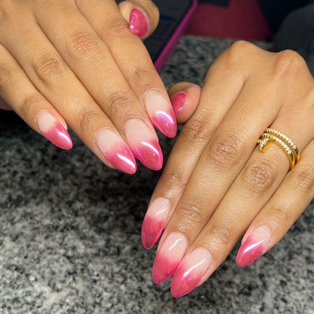 Bright Pink Almond Shape Ombre Nails