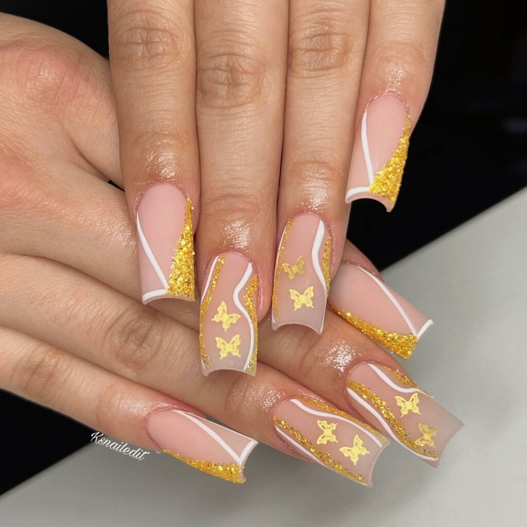 Butterfly and Yellow Short Acrylic Nails