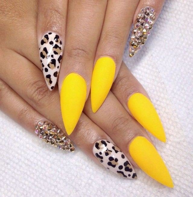 Cheetah Print and Yellow Short Stiletto Nails