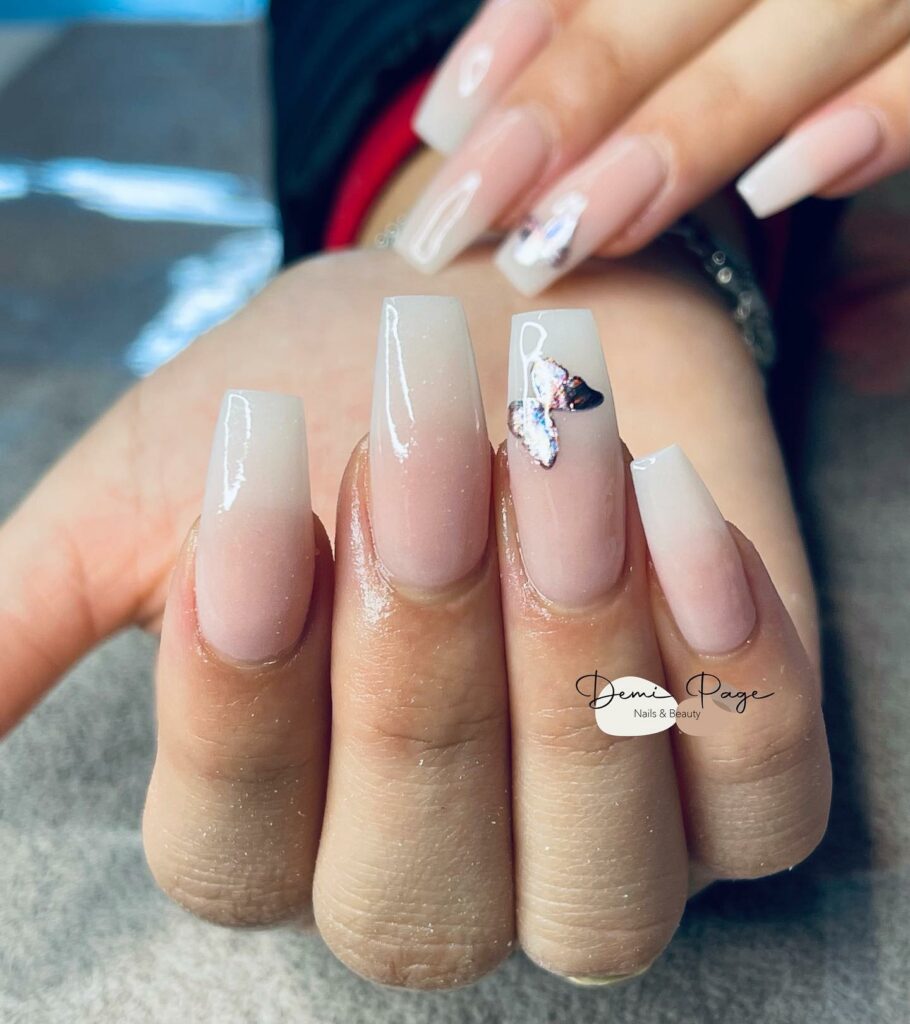Coffin Pink Ombre Nails with Butterfly Design