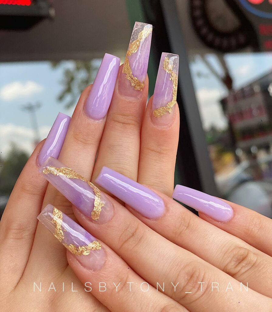 Cool Lavender Marble Nails with Gold Flakes