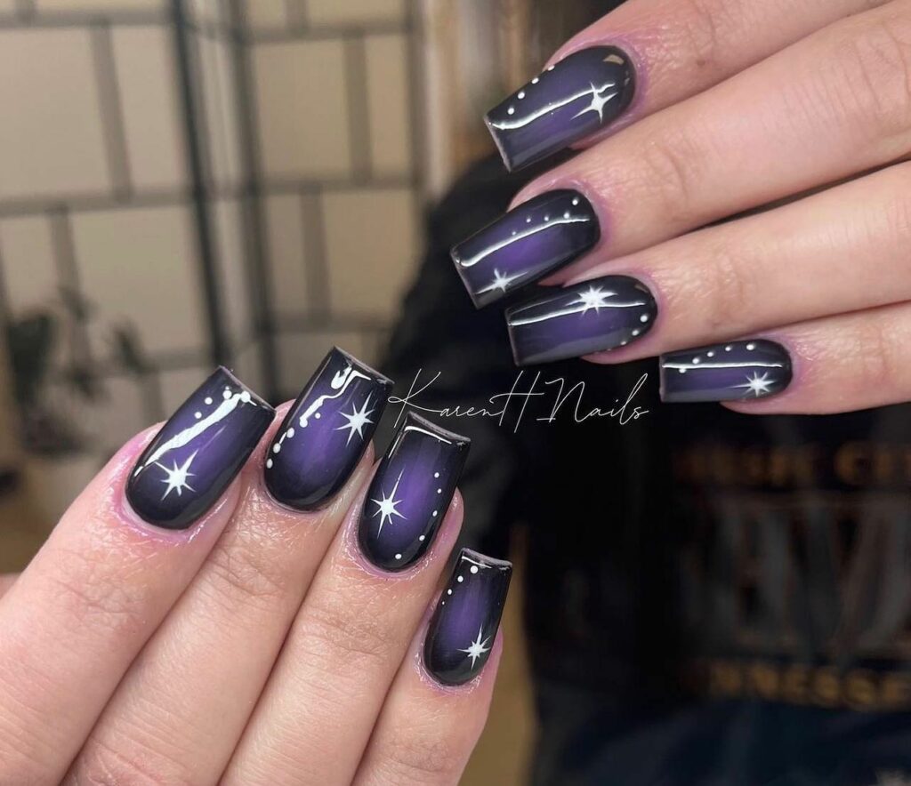 Dark Purple Nails with White Stars