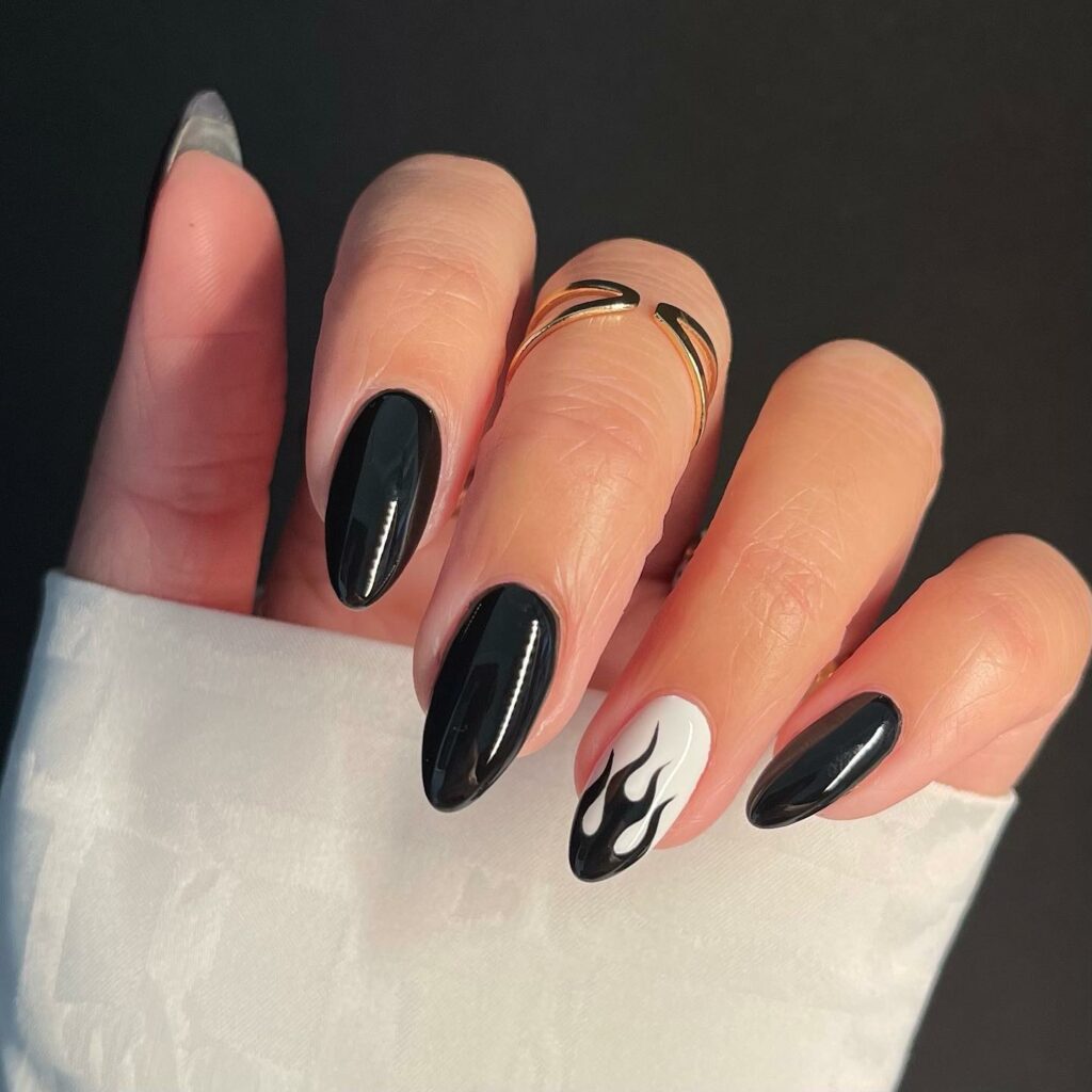 Black and White Nails with Flame French