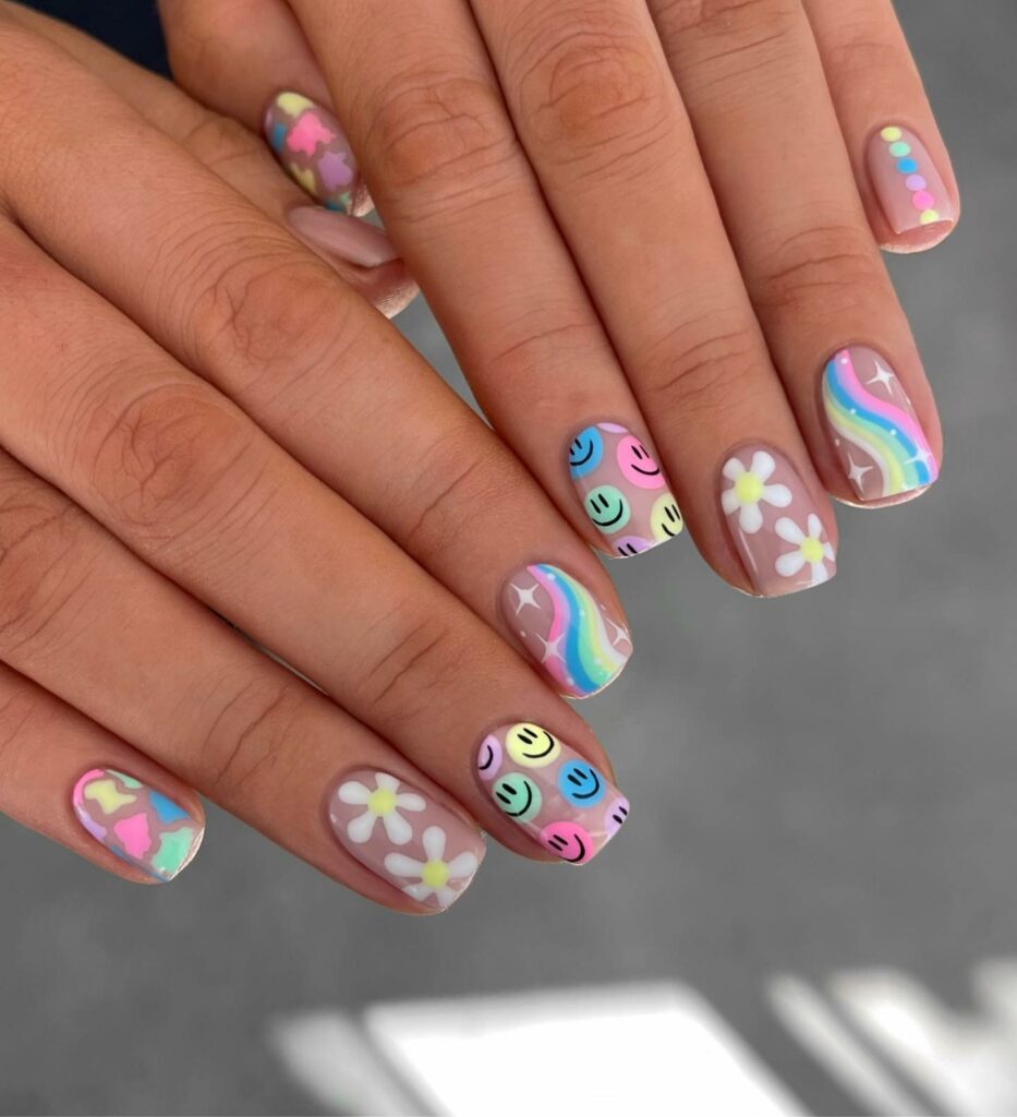 Floral, Smiley and Swirl Short Acrylic Nails