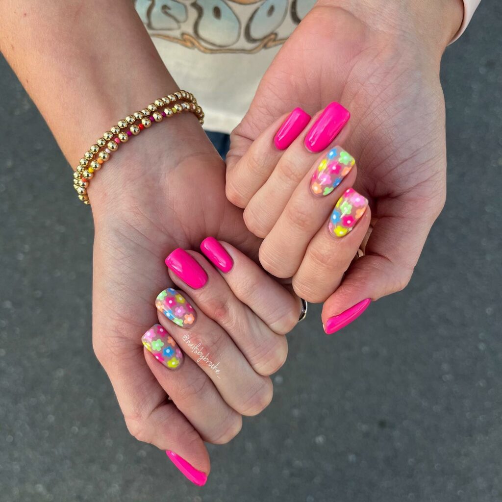 Floral hot pink nails