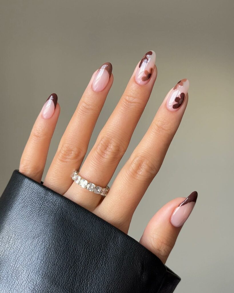 Brown French Nails Adorned with Delicate Florals